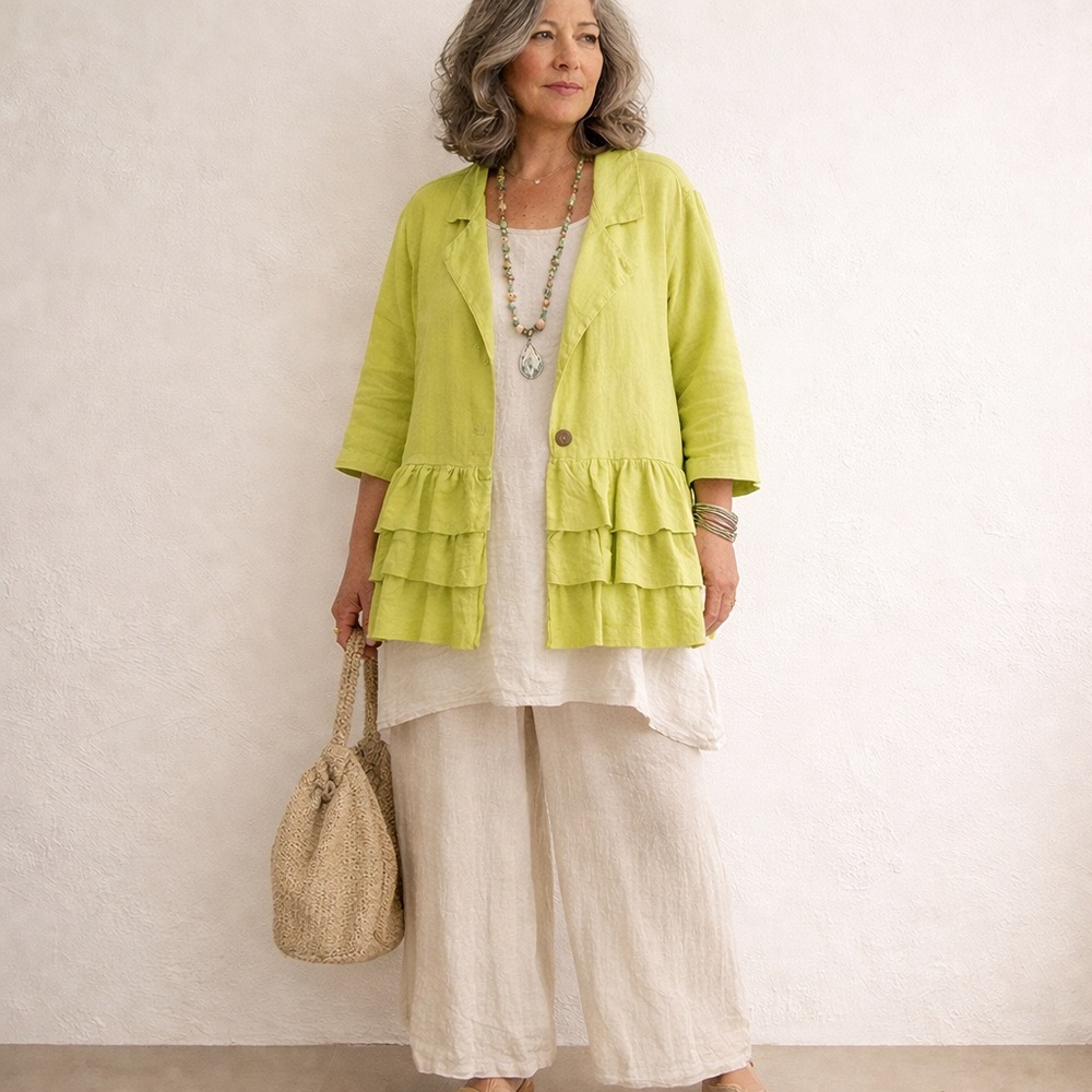 Willow Linen Lagenlook Jacket | Artsy Boho Oversized Blazer | Yellow | Large